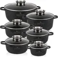 Produktbild: Zilner Topf-Set Schöne Schwarze Töpfe in 6 verschiedenen Größen, Steinbeschichtung, Keramik, Aluminium, Edelstahl, Aluminiumguss (Passt in jede Küche! 1.4L / 2.4L / 3.3L / 4.5L 6.7L, 12-tlg., Es ist eine perfekte Geschenkidee für jeden Anlass), Innovative Aroma Knob-Griffe