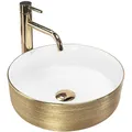 Produktbild: Rea Aufsatzwaschbecken Sami White Brush Gold Waschtisch Handwaschbecken Waschschale Waschbecken für Badezimmer aus hochwertiger Keramik 360 mm x 360 mm x 115 mm (Gold/weiß)