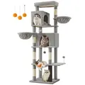 Produktbild: FEANDREA Kratzbaum mehrstöckiger Katzenbaum mit 2 Höhlen, 2 Liegemulden, 5 Kratzsäulen, groß, 190 cm hoch, XXL, Katzenbürste, große Plattform grau 59 cm x 190.7 cm x 48 cm