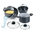 Produktbild: Genius Cerafit Magic Pot Kochtopf-Set 6tlg. 20cm + 24cm - Topf 3,7l + 6,3l mit Siebeinsatz & Glasdeckel für einfaches Kochen, Abgießen & Servieren | Nudeltopf für alle Herdarten Schwarz