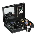 Produktbild: Relaxdays Uhrenbox für 8 Uhren, Uhrenkasten mit Schmuckablage, Lederoptik, Samtbezug, HxBxT: 8 x 30 x 20,5 cm, schwarz