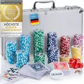 Produktbild: Profi Pokerkoffer Komplettset in Silber – Mit 300 schweren 12g Casino Pokerchips (Metallkern), Premium Pokerkarten, Würfel & Dealer-Button