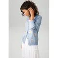 Produktbild: Strickjacke ANISTON CASUAL, Damen, Gr. 40, bunt (hellblau, weiß, gelb), Feinstrick, Obermaterial: 100% Baumwolle, bestickt, geblümt, lässig geschnitten hüftlang, V-Ausschnitt, Strickbündchen, Strickjacken Strickjacke, mit aufgestickten Margeriten verziert