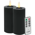 Produktbild: Candela LED Kerzen 2er Set H:10xØ5cm Winter schwarz glatt Echtwachs mit Fernbedienung Timer Funktion & mehrstufig dimmbar flammenlos Echtwachskerzen Stumpenkerze