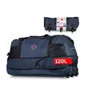Produktbild: Große Reisetasche mit Rollen 120 L – Faltbare Rolltasche & Sporttasche XXL – leicht, robust & platzsparend – ideale Reisetasche zum Ziehen für Urlaub, Sport & Training (Navy)