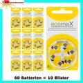 Produktbild: 60 Stück ecomaX HÖRGERÄTE BATTERIE Typ 10 PR70 GELB A10 BATTERIEN