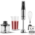 Produktbild: KLAMER Stabmixer Set 1000 Watt, 4 in 1 Pürierstab Edelstahl mit SmartSpeed per Finderdruck, inkl. 3-teiligem Zubehör-Set, Messbecher & Schneebesen