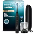 Produktbild: Philips Sonicare DiamondClean 9000 elektrische Zahnbürste, Schallzahnbürste mit App, Drucksensor, 4 Putzmodi, 3 Intensitätsstufen, Ladeglas und USB-Reiseetui, Schwarz, Modell HX9911/09