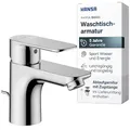 Produktbild: HANSA BASIC Waschtischarmatur I Wasserhahn Badezimmer mit Temperatur & Wassermengenbegrenzer | Mischbatterie Bad aus Messing | Inkl. Ablaufgarnitur mit Zugstange | Einhebelmischer Waschbecken | Chrom