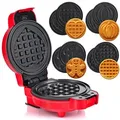 Produktbild: LEHMANN Mini-Waffeleisen mit Wechselplatten, Waffelformen - Kürbis, Lebkuchen, Herz und klassisch, Antihaftbeschichtung - Rot
