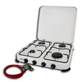 Produktbild: Camping Gaskocher Hochwertiger 4 flammiger Kocher Campingkocher / Lieferung inklusive 80cm Anschlussschlauch und Druckminderer - Arbeitet mit Propangas - Gasherd Gasofen
