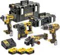 Produktbild: DeWALT Akku-Kombopack DCK422P3-QW 18V 5Ah - DCD796 Schlagbohrschrauber, DCH273 Kombihammer, DCF887 Schlagschrauber, DCG405 Winkelschleifer