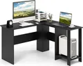 Produktbild: COSTWAY Schreibtisch L-Form, Eckschreibtisch mit 2 Kabellöchern & Ablagefächern, Ecktisch, Computertisch, Bürotisch für Zuhause oder Büro, 130 x 130 x 74 cm (Schwarz)