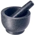 Produktbild: GOURMEO Mörser mit Stößel - Set in Groß aus Massivem Granit Stein - 7 cm Tiefer Mörser mit Aufgerauter Innenseite und Polierter Außenseite - Extra Langer Stößel