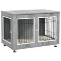 Produktbild: PawHut Hundekäfig Möbel mit 2 Türen Kissen 2 Verriegelungen Metall Hundebox für Zuhause Indoor Hundehütte für große Hunde bis zu 25 kg Beistelltisch Hundehaus 90 x 58 x 65 cm Grau