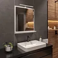 Produktbild: HAJDUK FURNITURE Badspiegel mit Beleuchtung und Ablage Weiß 70x60 cm Spiegel Mirror mit LED Lampe Gehäuse Schwarz Wandspiegel Hängespiegel Badmöbel