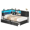 Produktbild: KIMENICH Polsterbett 90x200 mit LED-Beleuchtung und USB-Ladestation, Jugendbett Tagesbett mit Lattenrost aus Metall und 2 Schubladen, ohne Matratze