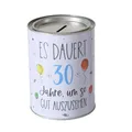 Produktbild: ReWu Spardose Sparschwein Schriftzug Es Dauert 30 Jahre, Um So Gut Auszusehen - Deckel abnehmbar - Wiederverwendbar Metall Sparbüchse Geldgeschenk Geschenkidee Geldspardose Metallspardose 14 x 10 cm