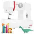 Produktbild: VERITAS Kinder-Nähmaschine Janis I mit Fuß-Pedal I Einfädelhilfe & Fadenabschneider I 9 Stiche I LED-Nählicht I Zierstiche & Stretch-Stiche I Kleine Nähmaschine für Anfänger (weiß-rot)