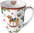 Produktbild: Ambiente Luxury Paper Products Becher Weihnachtsbecher- Silvester - Herbst / Winter Tee - Kaffee Tasse, 1-tlg., Porzellan Schaukelpferd, Weihnachtstasse, Weihnachten, Tannen, Zapfen - Becher 0,4 L Klassisches Schaukelpferd weiß, Kollektion, Mug, Weihnachten, Geschenkartikel