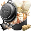 Produktbild: besøk Brottopf Set [inkl. Gärkorb + Bürste + Rezeptheft] Anti-Haft Patina Gusseisen Topf 26 cm 5,5 Liter zum Brot backen - Brotbackform induktion - Schwarz