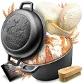 Produktbild: besøk Brottopf Set [inkl. Gärkorb + Bürste + Rezeptheft] Anti-Haft Patina Gusseisen Topf ⌀26 cm [4,7 Liter] zum Brot backen - Brotbackform induktionsgeeignet eingebrannt rund mit Deckel