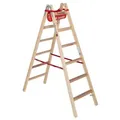 Produktbild: Euroline Holz Sprossenstehleiter mit Comfort-Breitsprossen, Eimerhaken und Werkzeugablagetasche 2x6 Sprossen