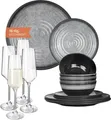 Produktbild: Melamin Camping Geschirr Set 4 Personen Stone Grey + 4 Milano Champgner Gläser Flûtes Tafelgeschirr Picknick BBQ Kochgeschirr