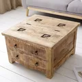Produktbild: Massiver Couchtisch IRON CRAFT 70cm Mangoholz Truhe Schubladen Wohnzimmertisch