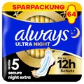 Produktbild: Always Ultra Secure Night Damenbinden (Größe 5) mit Flügeln 64 Stück, Super Saugfähig Und Ultra Dünn, für Die Periode