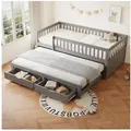 Produktbild: Merax Daybett mit Ausziehbett 90x190cm (Jugendbett Doppelbett Kinderbett Sofabett, Kiefernholz, 1 tlg), Schlafsofa Tagesbett 90x200cm mit 2 Schubladen und Sicherheitsgitter grau 95 cm x 205 cm x 77.5 cm