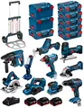 Produktbild: BOSCH Professional Kit 18V BK1002 (GST 18V-LI S+GKS 18V-LI+GBH 18V-21+GWS 18-125V-LI+GSR 18V-55+GSA 18V-LI C+GDX 18V-180+GLI 18V-300+GHO 18V-LI+GSS 18V-10+3 Batterien 5,0Ah+Ladegerät+8xL-Boxx+Caddy)