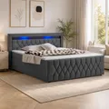 Produktbild: Juskys Boxspringbett Leona 180x200 cm - Bett mit LED Beleuchtung, Topper & H4 Federkern Matratzen - Doppelbett Grau mit Samt und Steppung
