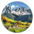 Produktbild: ARTLAND Wanddeko Wanduhr ohne Tickgeräusche Glas Funkuhr Ø 30 cm Rund Lautlos Alpen Landschaft Berge Natur Frühling Landhausstil U1TF