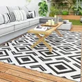 Produktbild: Outsunny - Outdoor Teppich Robuster Wetterfest Outdoorteppich Mit Tragtasche, Faltbar Carpet Boho-style, Outdoor-teppich Für Wohnzimmer Balkon Garten Terrasse Bad Flur Küche, 182 X 274 Cm Schwarz+weiß