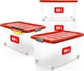 Produktbild: BigDean 4 Stück 60 L Aufbewahrungsbox mit Deckel groß rot - stapelbare robuste Box rollbare Stapelbox mit festen Klickverschlüssen - Germany
