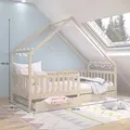 Produktbild: Hausbett ALVA aus Kiefer Massivholz, natur - Kinderbett mit Dach, Tipibett mit Schubladen, Kinderzimmer Bett, Bodennahes Bett Montessori, ideal fü...