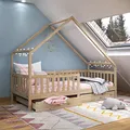 Produktbild: IDIMEX Hausbett ALVA aus Kiefer Massivholz, Natur - Kinderbett mit Dach, Tipibett mit Schubladen, Kinderzimmer Bett, Bodennahes Bett Montessori, ideal für Dachschrägen