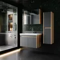 Produktbild: Badezimmer Set Hochschrank Waschtisch Spiegel Unterschrank Badmöbel Badset Eiche