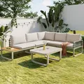 Produktbild: BTM Garten Lounge Set (4-5 Sitzer), Grünes Leder Rattan Gartenmöbel Set, Modernes Outdoor Sofa inkl. Aller Sitz- und Rückenkissen, Balkonset, Garten und Terrasse, Aprikose