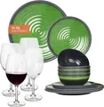 Produktbild: Melamin Camping Geschirr Set 4 Personen Stone Green + 4 Tiamo Rotwein Gläser Rot Weingläser Tafelgeschirr Picknick BBQ Kochgeschirr