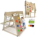 Produktbild: Mini Klettergerüst Für Kinder - Indoor Spielplatz Mit Rutsche, Kletterwand, Kletternetz & Turnringe - Holz Kletterturm Klappbar - Natur - Klein - Juskys