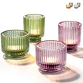 Produktbild: Praknu Teelichthalter Windlicht aus dickem Glas - 4er Set mit Rillenrelief - Für Stilvolle Tischdeko & Festliche Anlässe - Grün/Lila