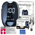 Produktbild: GlucoCheck Blutzuckermessgerät GlucoCheck GOLD Blutzuckermessgerät, Starter-Set, inkl. 110 Teststreifen, Goldbeschichtung