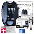 Produktbild: Maxi-Sparset: GlucoCheck GOLD Blutzuckermessgerät (mmol/l) + 110 Blutzuckerteststreifen, 10 Lanzetten, 1 Stechhilfe, 1 Etui, zur Blutzucker-Selbstkontrolle bei Diabetes