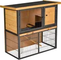 Produktbild: PawHut Hasenstall 2 Ebenen Kaninchenstall aus Vollholz Doppelstockhaus mit verschließbarer Tür 89,5 x 45 x 81 cm Kaninchenkäfig Kleintierstall für Hasen Kaninchen Hasenkäfig für Outdoor Hellgelb
