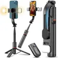 Produktbild: Retoo Selfie Stick 110,5 cm Handy Stativ mit Licht 3 in 1, Bluetooth, Telefonstativ Teleskopstange Handyhalter Kabelloser Fernbedienung für Smartphones Einstellbarer Neigungswinkel Schwarz