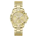 Produktbild: GUESS Damen Armbanduhr Majesty mit Zirkonia, goldfarbenes Edelstahlarmband, Mineral Glas, goldenes Ziffernblatt, 5 Bar, Gehäusedurchmesser: 40 mm, GW0771L2