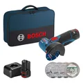 Produktbild: Bosch Professional 12V System Akku Winkelschleifer GWS 12V-76 (inkl. 2x 2.0Ah Akku, 5tlg. Trenn- und Schleifscheiben-Set, Tasche)
