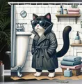 Produktbild: ABAKUHAUS Katze Duschvorhang, Mysteriöser Detektiv Kätzchen Charakter im Badezimmer mit Sonnenbrillen Klassischer Mantel, Stoffliches Gewebe mit Haken, 175 x 200 cm, Anthrazitgrau, Weiß